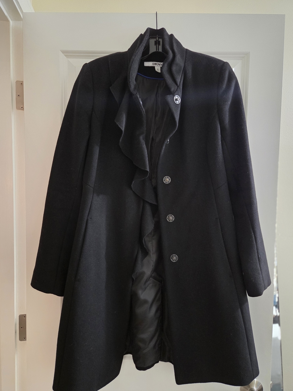Dkny Black Wool Ruffle-Front Trench Coat